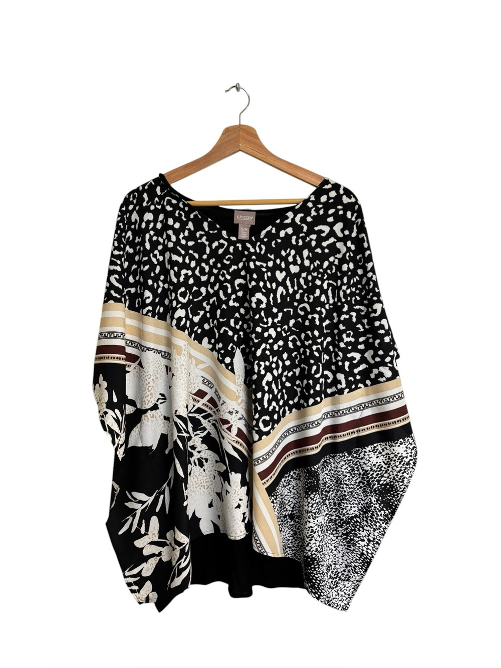 Chico’s mixed pattern animal floral motifs print artsy oversized poncho Top S/M